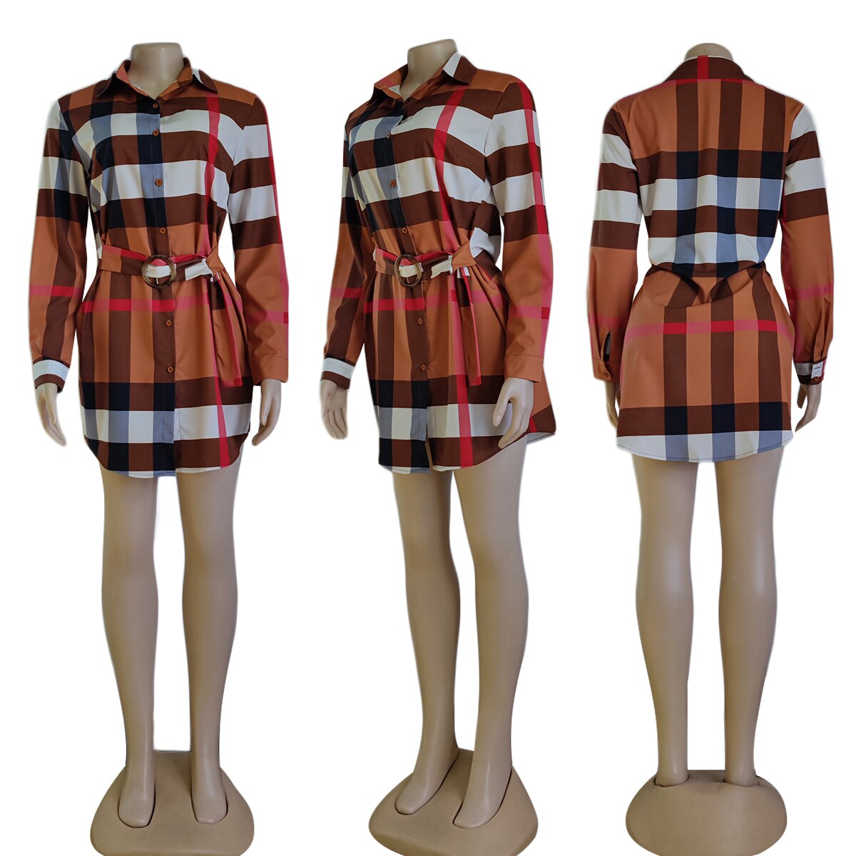 Plaid English Print Blouse Dress w/ Belt