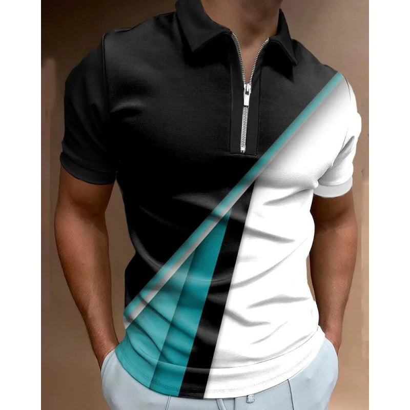 Men's Striped Swirl 3D Print Designer Streetwear Short Sleeve Zipper Polo Shirts