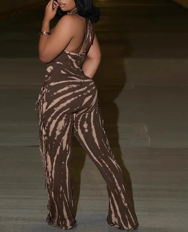 Coffee/Grey Striped Swirl Print Tassel Fringe Design Backless V-Neck Bodycon Women's Sleeveless Jumpsuit to 3X Plus Size
