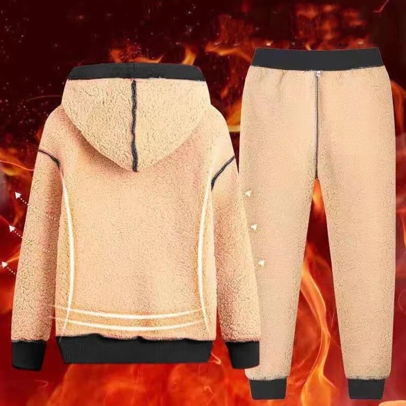 Men's Lamb Cashmere Wool Hooded Sweatshirt + Matching Sweatpants Two-Piece Set