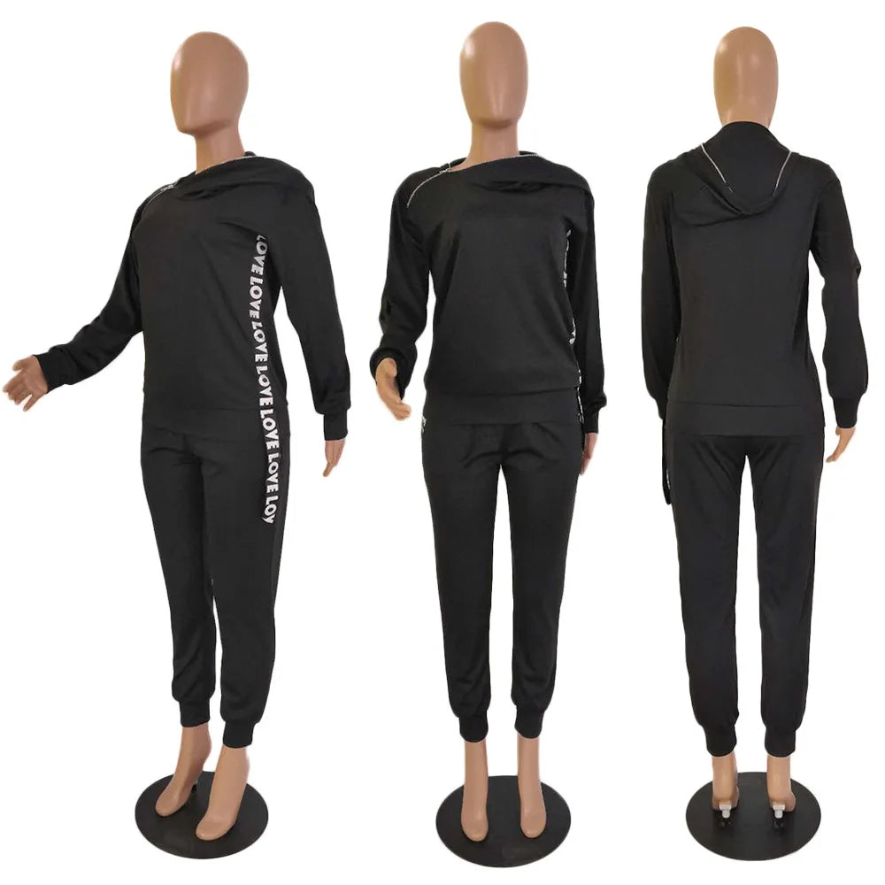 Inclined Collar Temperament Solid Long Sleeve Top + Sweatpants Ladies Tracksuit