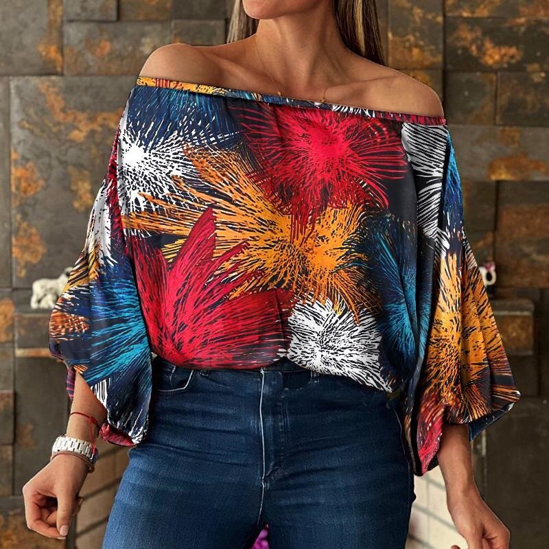 Lantern Sleeve Off Shoulder Printed Blouse to 3X