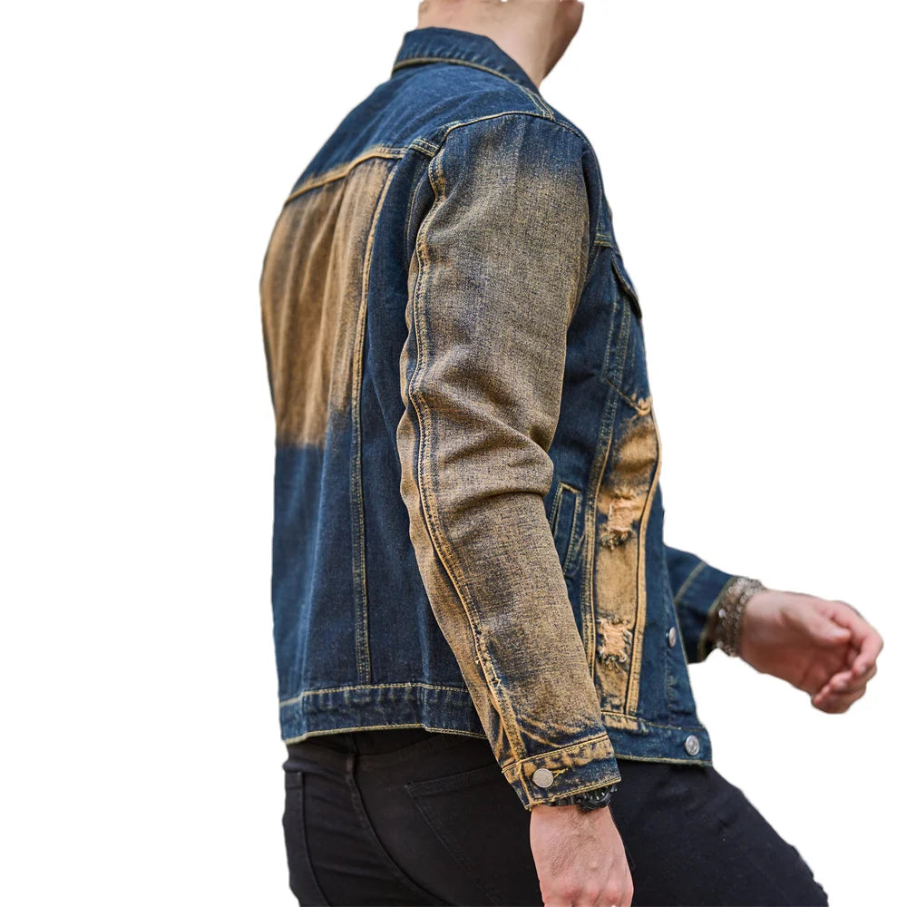 Men's Denim Irregular Colorblock Print Streetwear Ripped Hole Design Distressed Skinny Jean Jacket