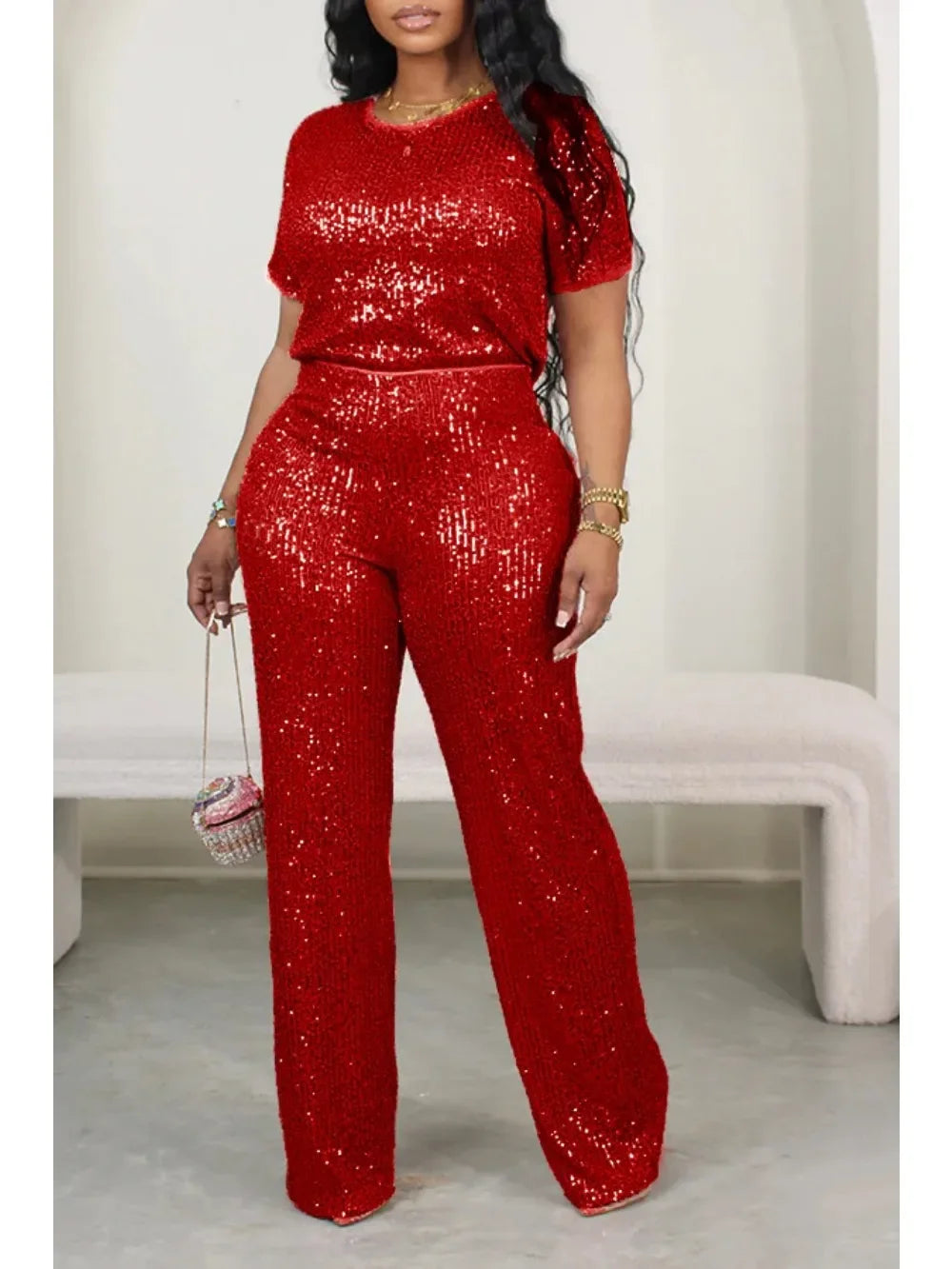 Sequin Solid Short Sleeved Top + Elastic Waist Wide Leg Pants Sequin 2-Piece Set to 3X