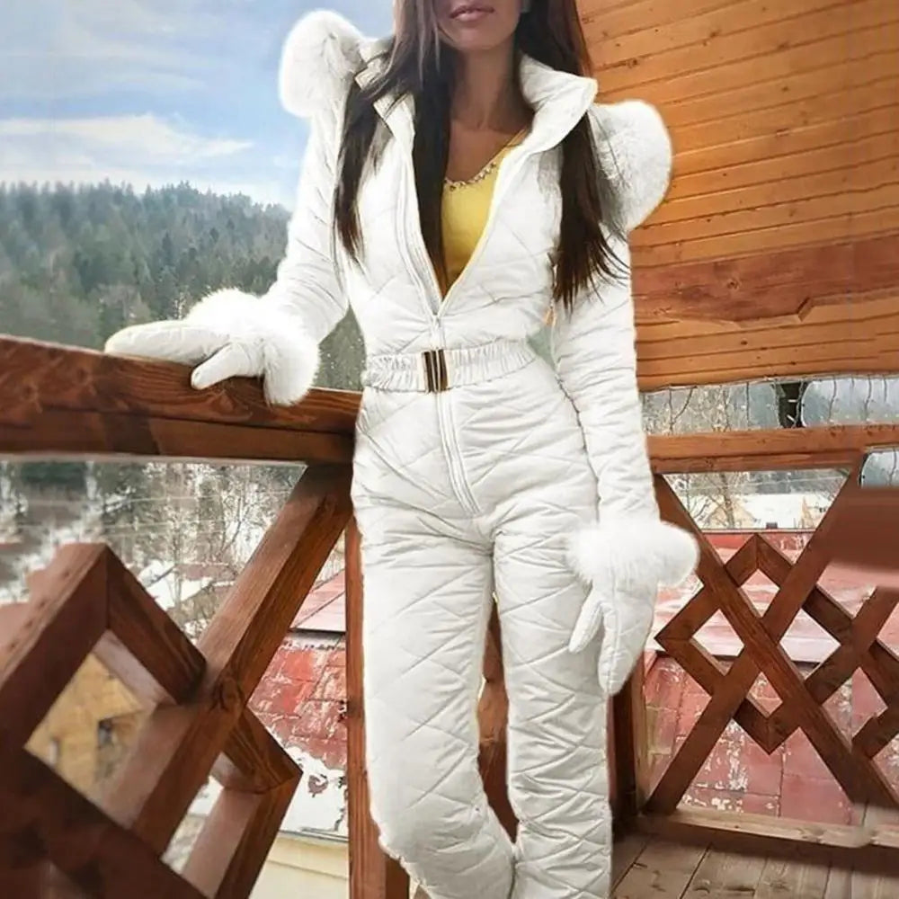 Faux Fur Collar Fleece Zipper Skiing Hooded Women's Jumpsuit