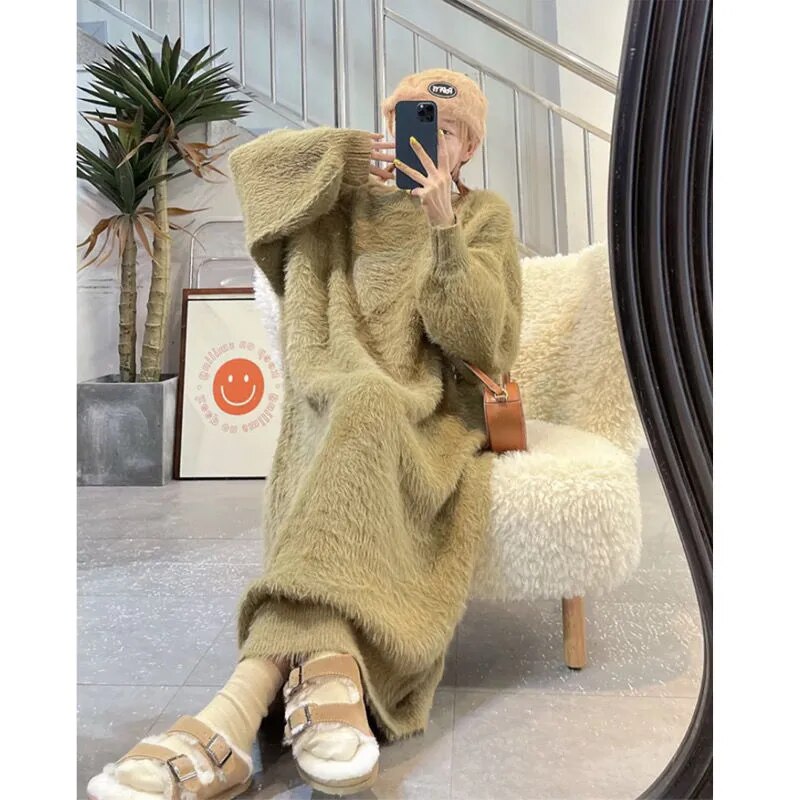 Faux Mink Lantern Sleeve Knitted O-Neck Loose Pullover Dress