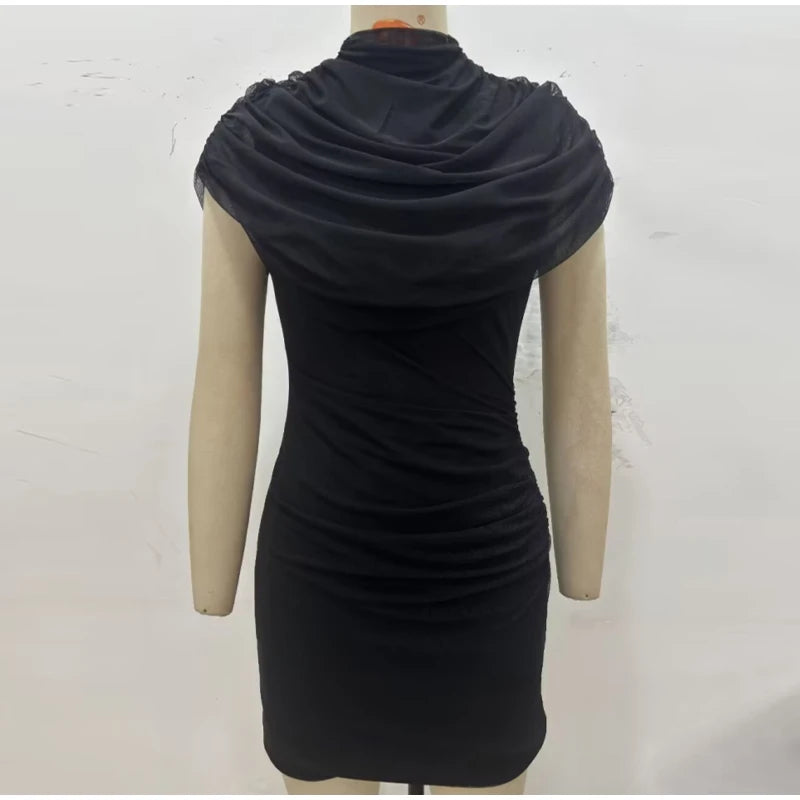 Layered Patchwork Cinched Waist Solid Color Short Sleeve Bodycon Formal Party Dress