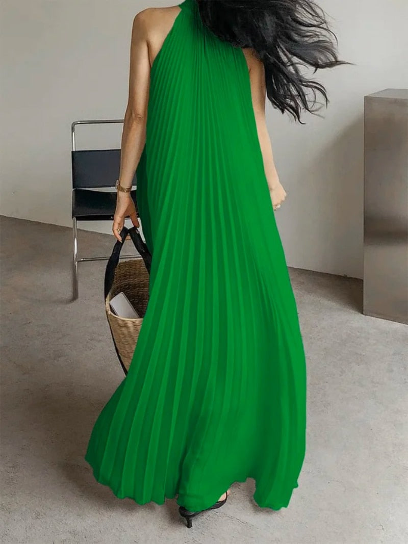 Sleeveless Halter Neck Pleated Party Loose A-Line Maxi Dress