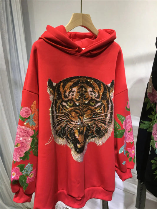 Sparkling 3D Rhinestone Fleece Padded Women's Leopard Tiger Hoodie Sweatshirt