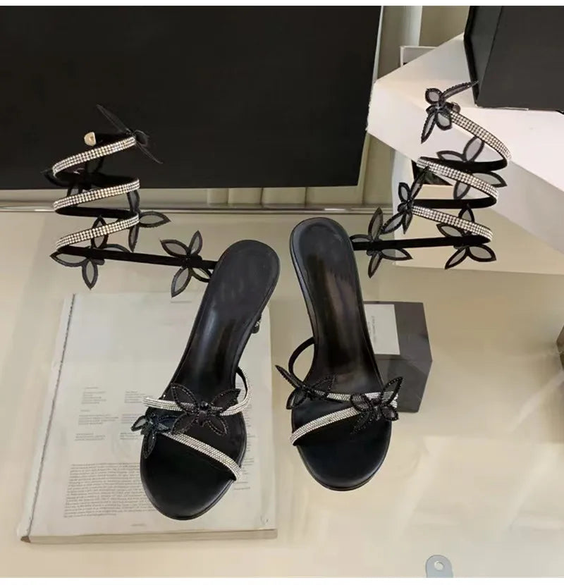 Crystal Butterfly Embellished Detail Spiral Coiled Band Strap High Heel Gladiator Sandal Pumps