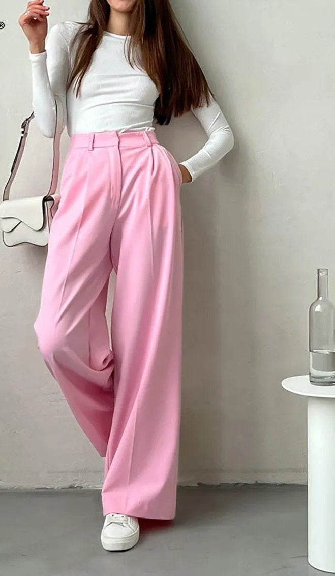 Pink Loose High Waist Long Solid Wide Leg Trouser Pants