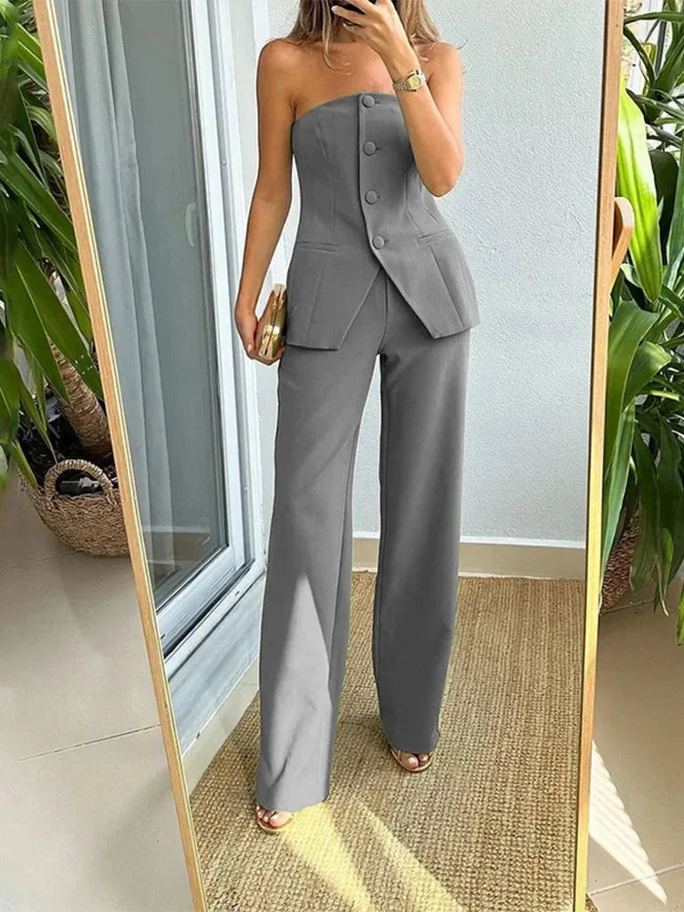 Sleeveless Single Breasted Split Tube Top OR Ruffled Split Off-the-Shoulder Crop Top + Wide Leg Trouser Pants Ladies 2-Piece Sets