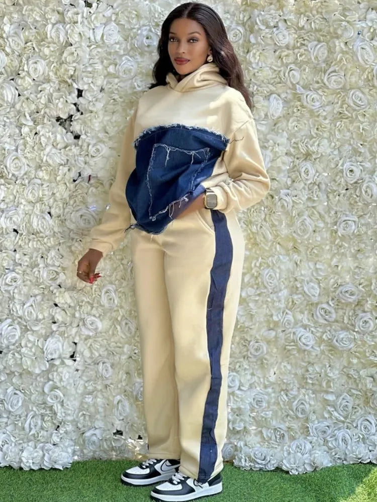 Denim Colorblock Spliced Irregular Patchwork Design Women's Hoodie Sweatshirt + Side Striped Sweatpants Tracksuit