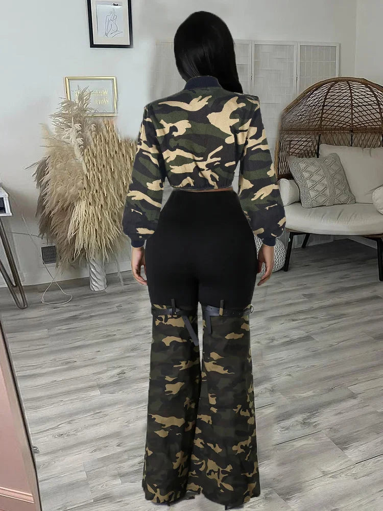 Camouflage Long Sleeve Ladies Cropped Zipper Bomber Cargo Jacket + Colorblock Flared Leggings 2-Piece Set to 3x Plus Size