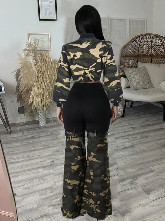 Camouflage Long Sleeve Ladies Cropped Zipper Bomber Cargo Jacket + Colorblock Flared Leggings 2-Piece Set to 3x Plus Size