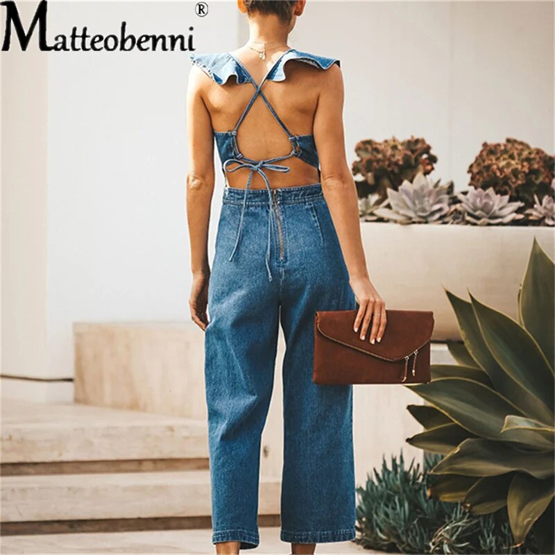 Sleeveless Ruffled Design Backless Denim Romper Jumpsuit