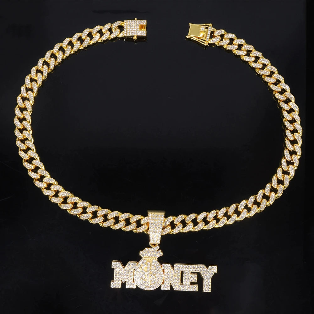 "Money" Iced Out Bling Rhinestone Chain Money Bag Dollar Sign Chain Necklace