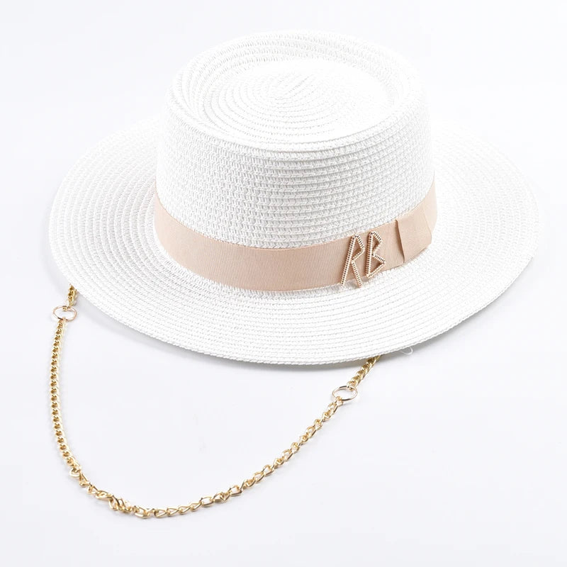 Straw Gold Chain Women's Ribbon Decor Fedora Hat