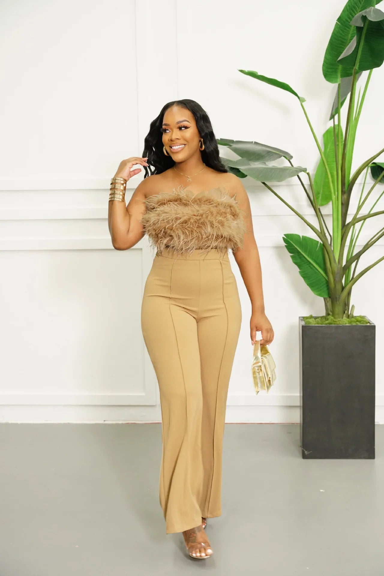 Feathered Sleeveless Bandeau Tube Top + Solid High-Waisted Straight Pants 2-Piece Set