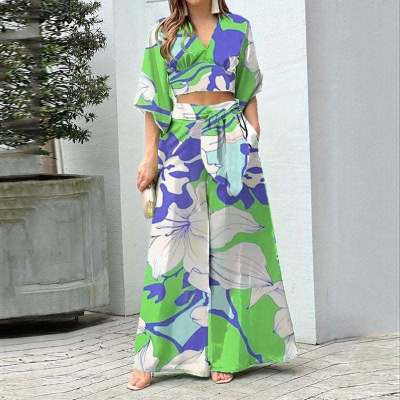 Floral Printed High Waist Wide Pants 3-Piece Set