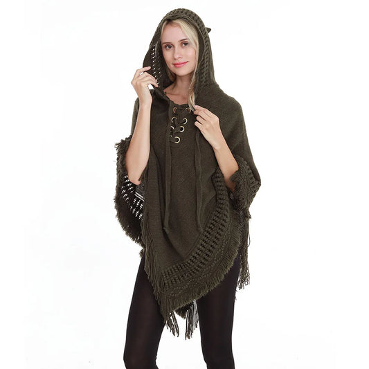 Fringe Tassel Women's Knitted Hooded Crochet Shawl Wrap Sweater