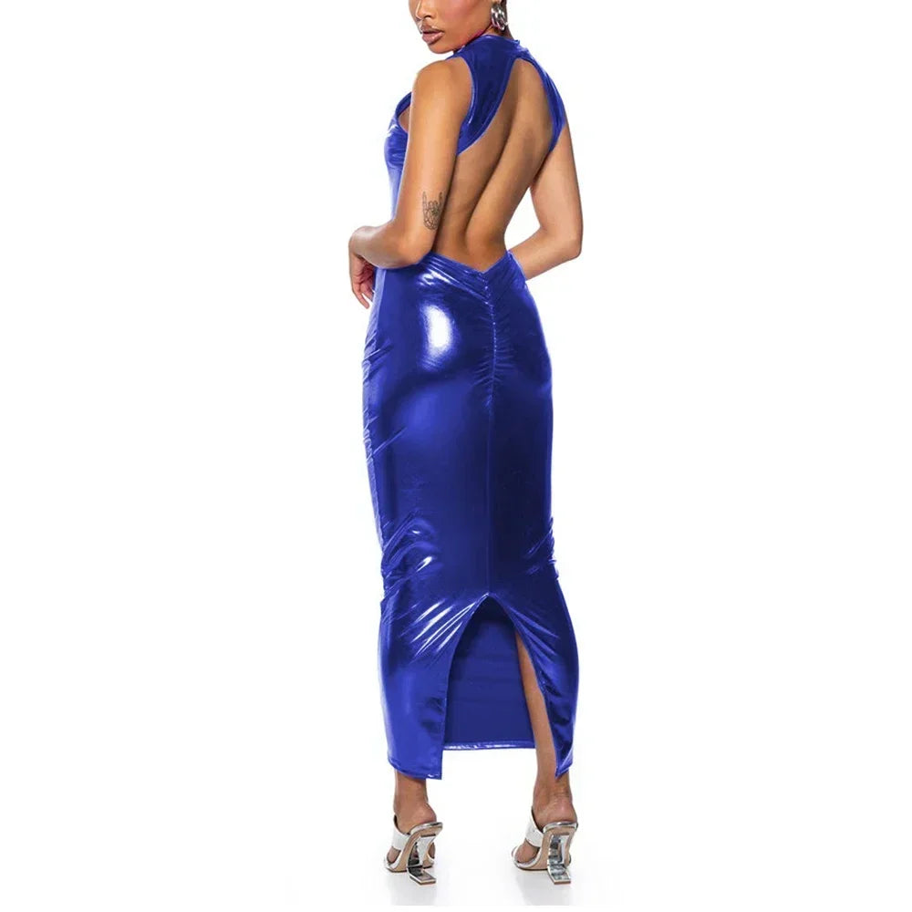 Shiny PU Leather Metallic Backless Sleeveless High Back Slit Bodycon Formal Maxi Party Dress to 3X Plus Size