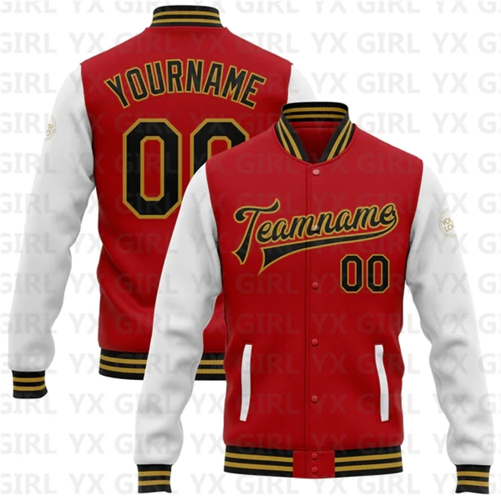 Customized Unisex Red Black-White Personalized Name Letter Print/Team Name 3D Print Full-Snap Varsity Letterman's 2-Tone Baseball Button-Up Bomber Jacket