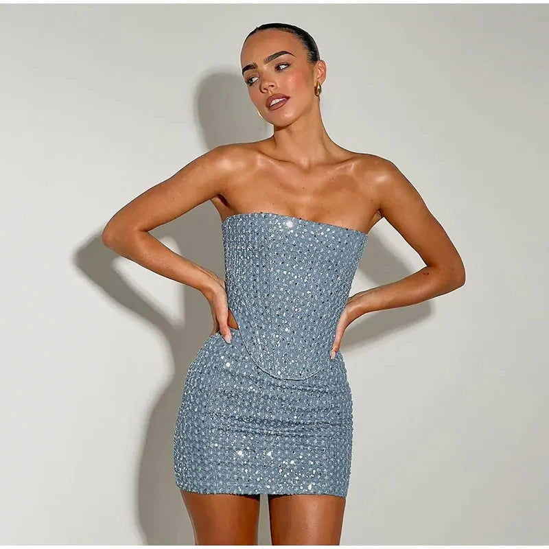 Sparkling Sequined Denim Strapless Zipper Tube Top +  Jeans/Pants or Mini Skirt 2-Piece Sets