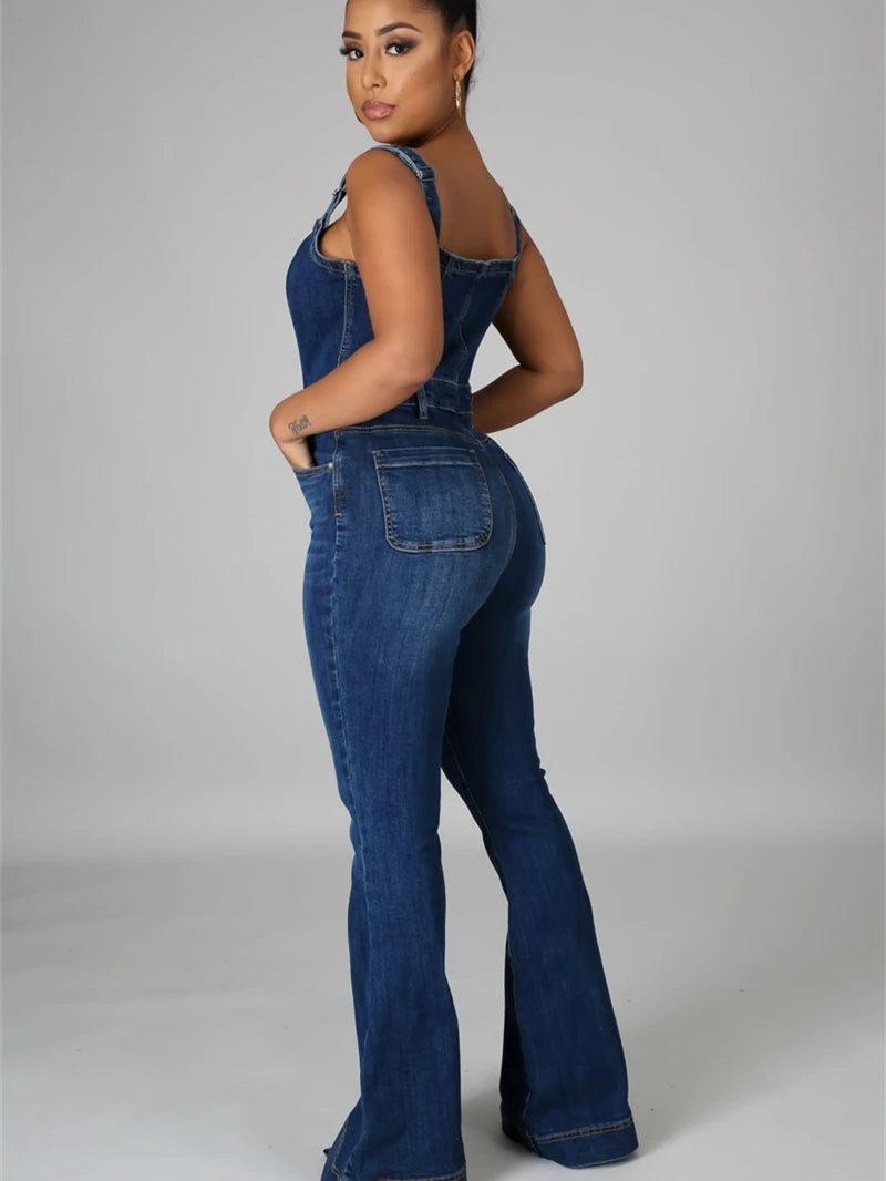 Dark Blue Button-Up Streetwear Spaghetti Strap Flared Pant Bootcut Overall Jean Jumpsuits