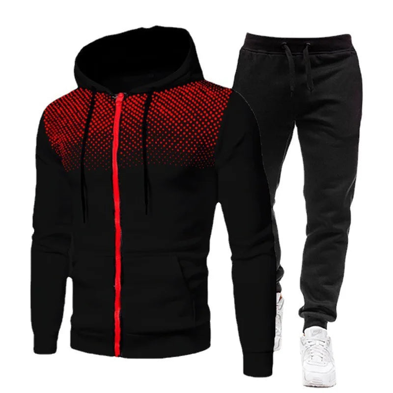 Men's Polka Dot Print Fleece Zipper Hoodie Sweatshirt + Solid Color Jogger Sweatpants Tracksuit