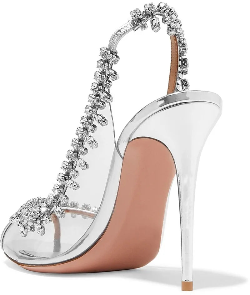 PVC Transparent Rhinestone Chain Detail Fish Mouth Transparent Stiletto Heel Slingback Formal Bridal/Party Pumps