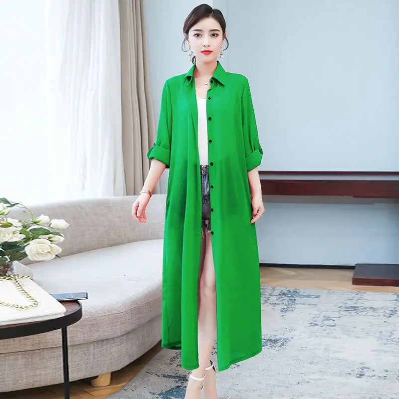 Chiffon Solid Color Women's Open Front Maxi Shirt Blouse