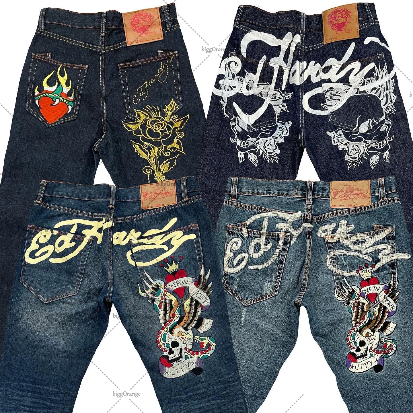 Men's Embroidered Hip-Hop High Waisted Straight Retro Loose Wide Leg Denim Jeans