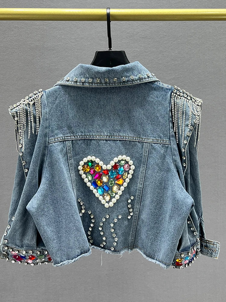 Tassel Embellished Crystal Rhinestone Rivet Diamond Denim Streetwear Jacket