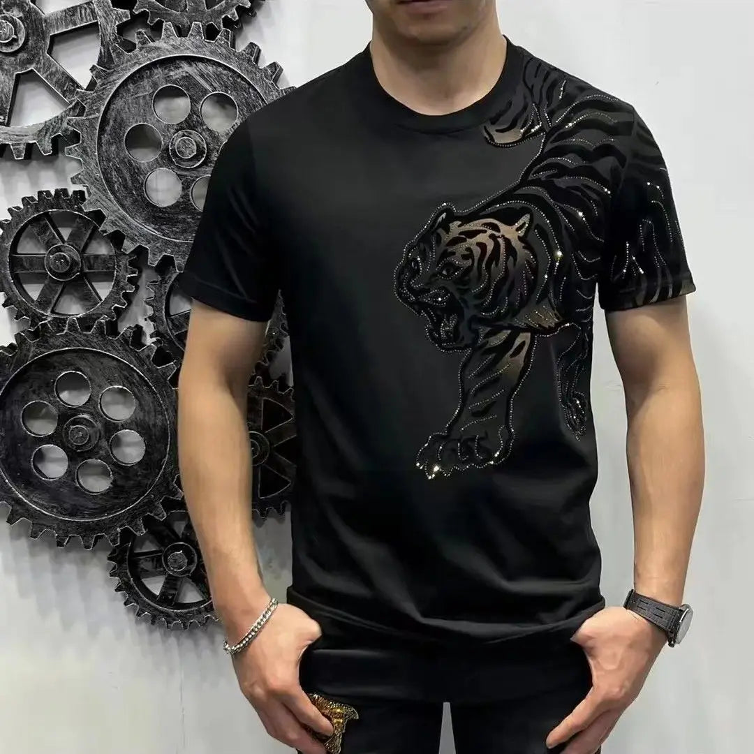 Men's Sequined 3D Tiger Loose Print O-Neck Short Sleeve T-Shirt