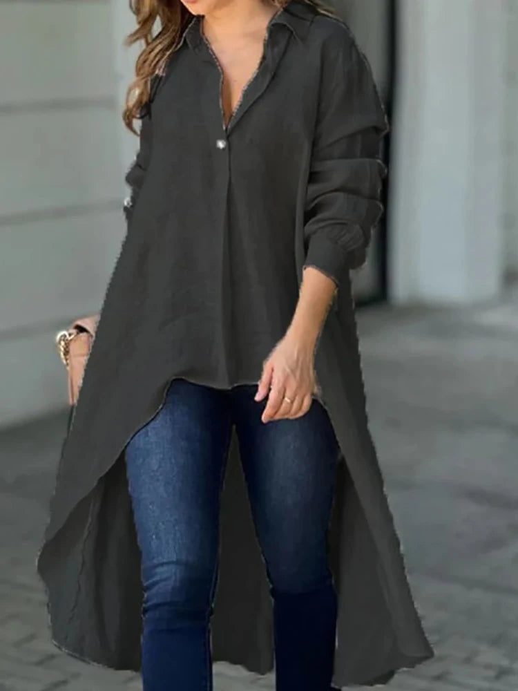 Long Sleeve Solid Turn-Down Collar  Patchwork Button-Up Maxi Blouse