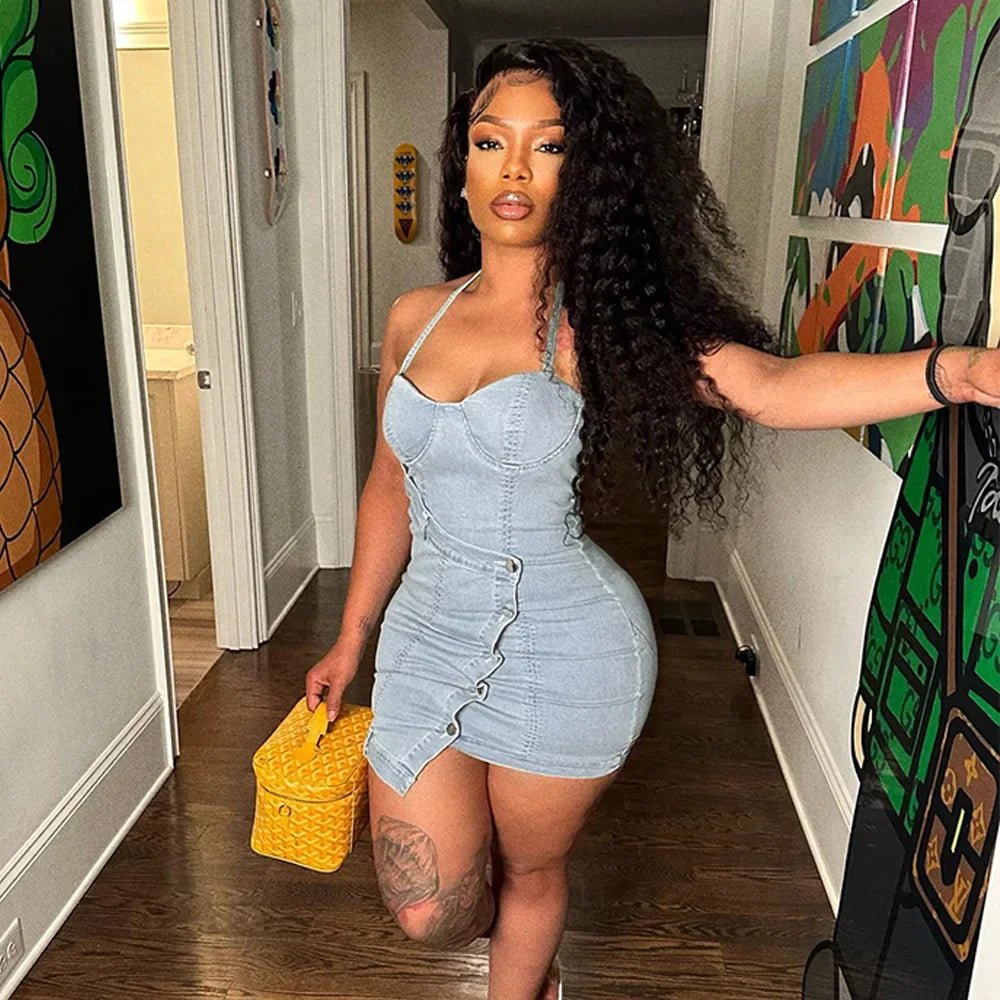 Light Blue Faded Washed Denim Sleeveless Halter Bodycon Mini Jean Dress