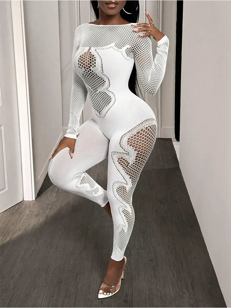 Sheer Mesh Long Sleeve Transparent Hollow-Out Body Stocking Jumpsuit