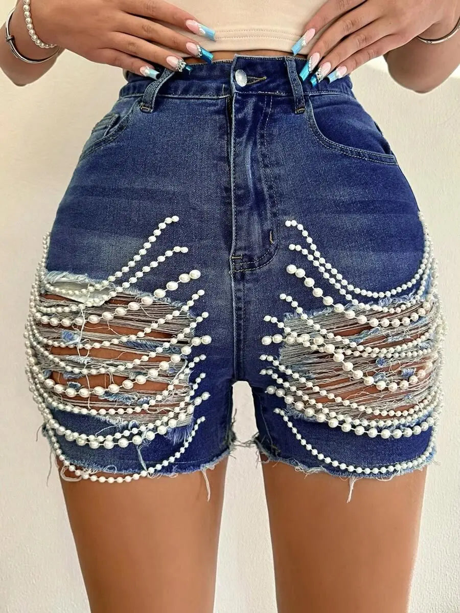 Handmade Tassel Fringe Pearl Chain Decor Denim Dark Blue/Light Blue Women's Jean Shorts