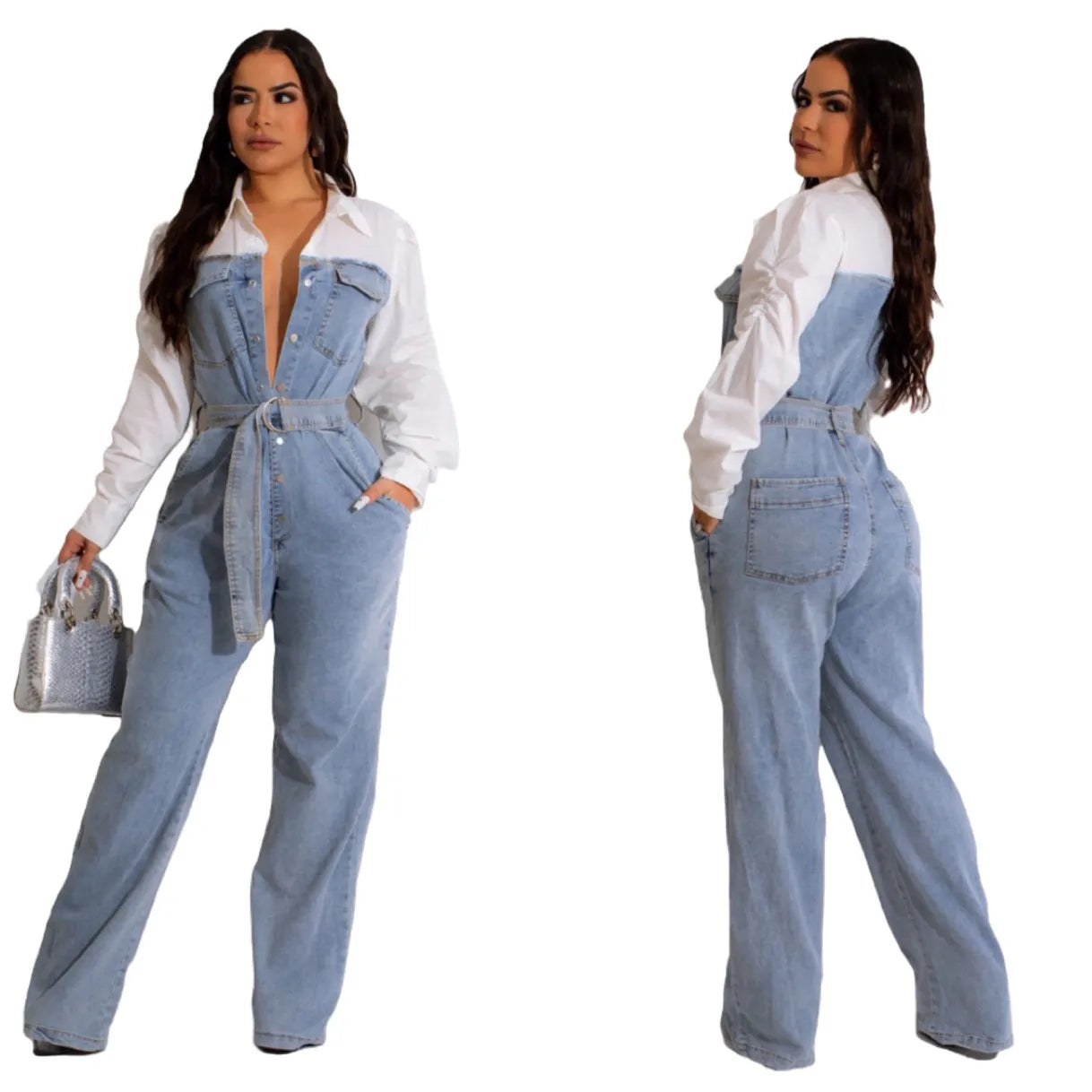 Denim Patchwork Loose Women's Jumpsuit w/ Belt