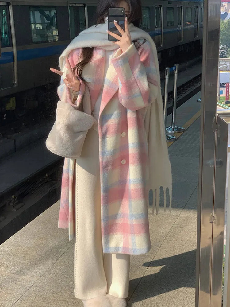 Rainbow Pastel Plaid Colorblock Print Women's Wool Loose Trenchcoat