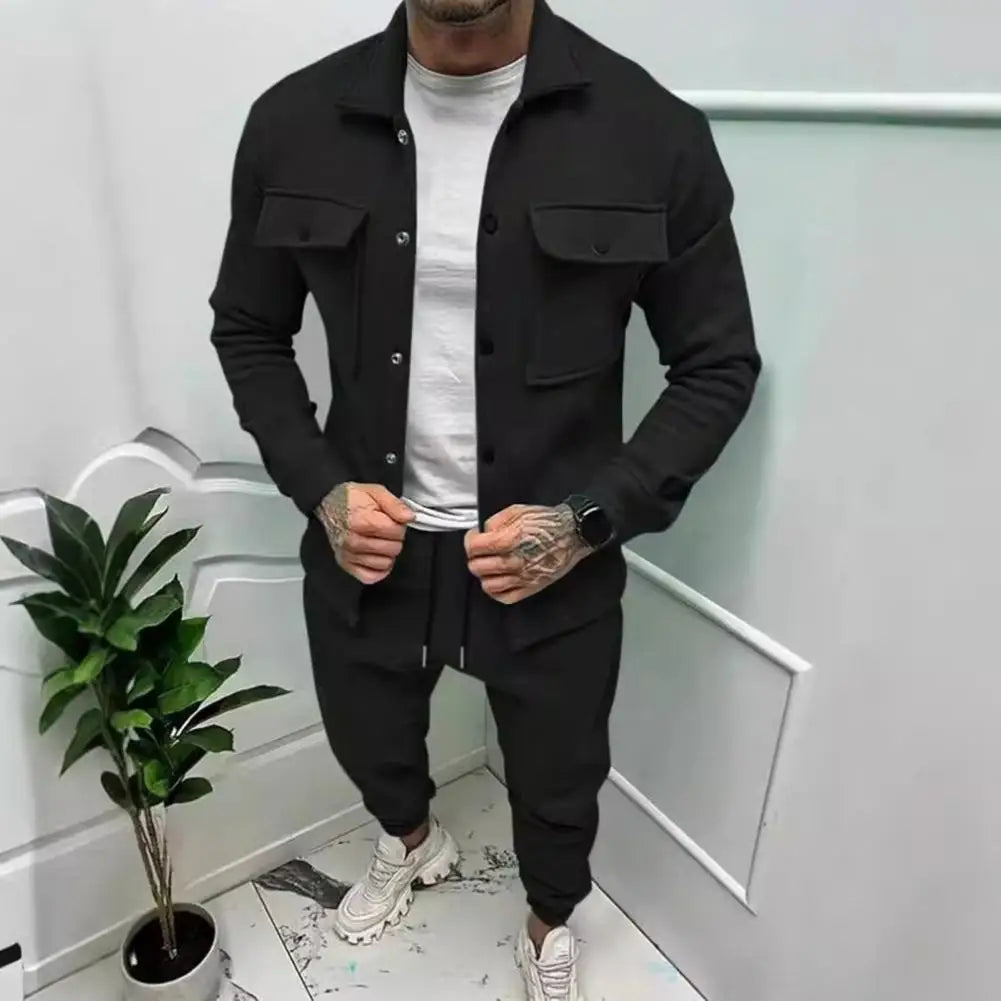 Men's Turn-Down Collar Cargo Utility Pocket Button Front Jacket + Sweatpants Activewear 2-Piece Set