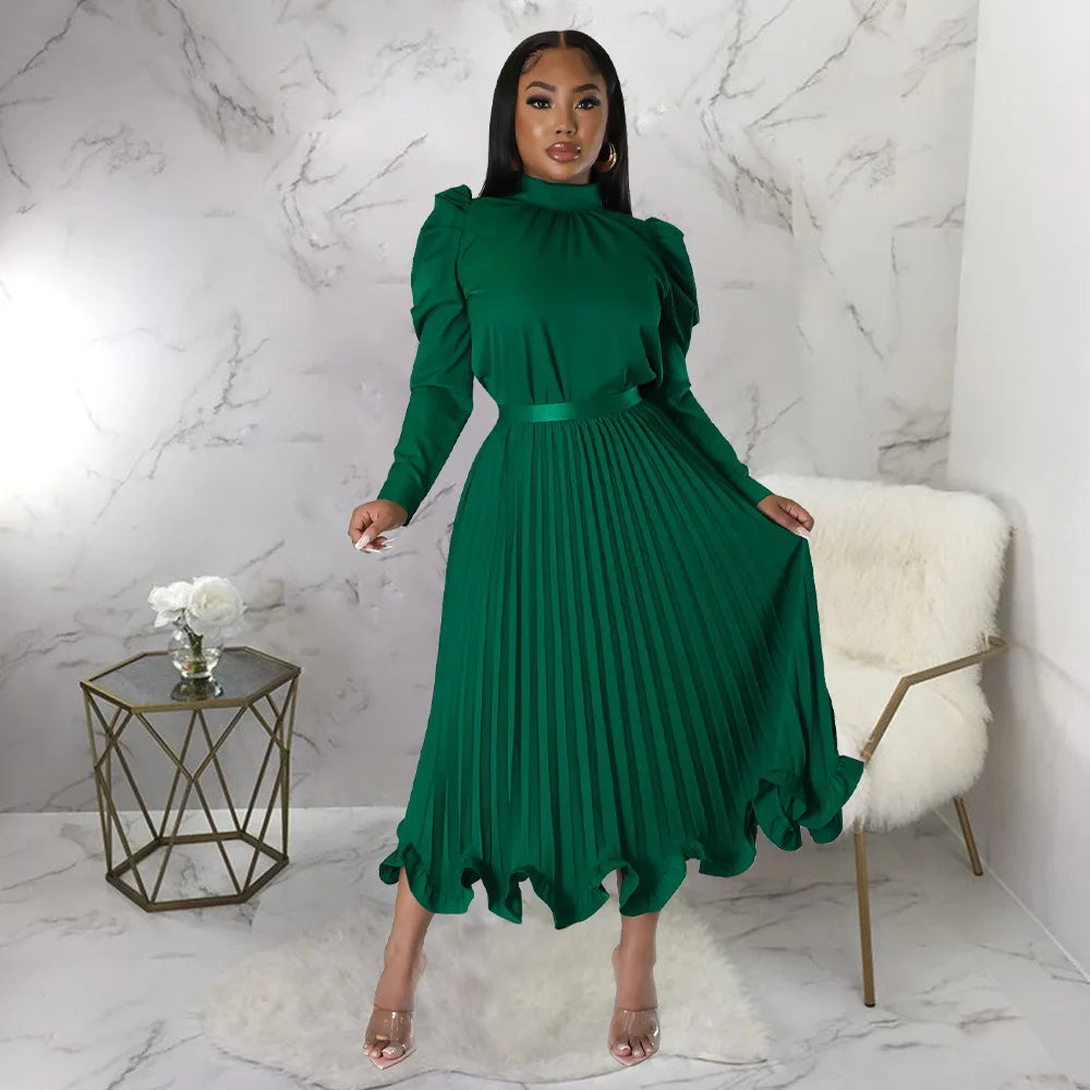 Women’s Solid Color O-Neck Lantern Sleeve Blouse + A-Line Flounce Formal Pleated Maxi Skirt w/ Sash Belt 2-Piece Set