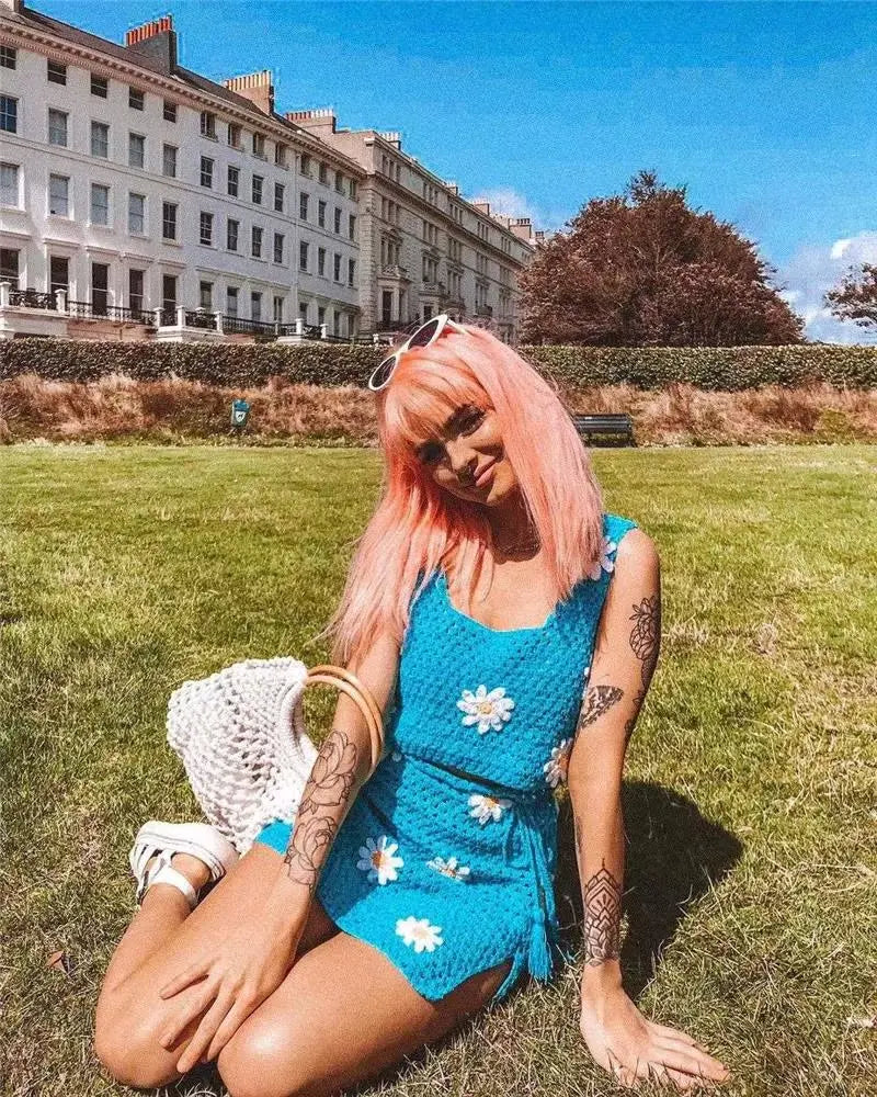Crochet Big Flower Pattern Knitted Women's Sweater Tank Top + Drawstring Mini Skirt 2-Piece Set