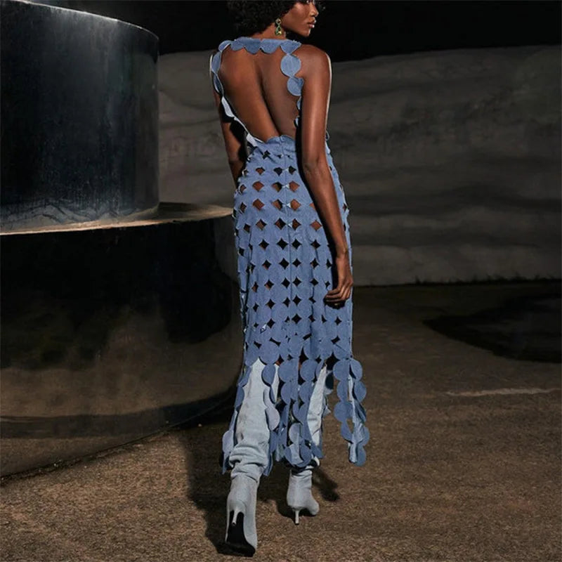 Denim Designer Sleeveless Hole Pattern Hollow-Out Tassel Fringe Maxi Dress