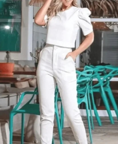 Short Puff Sleeve Women's Solid Color O-Neck Top + Pencil Pants 2-Piece Set