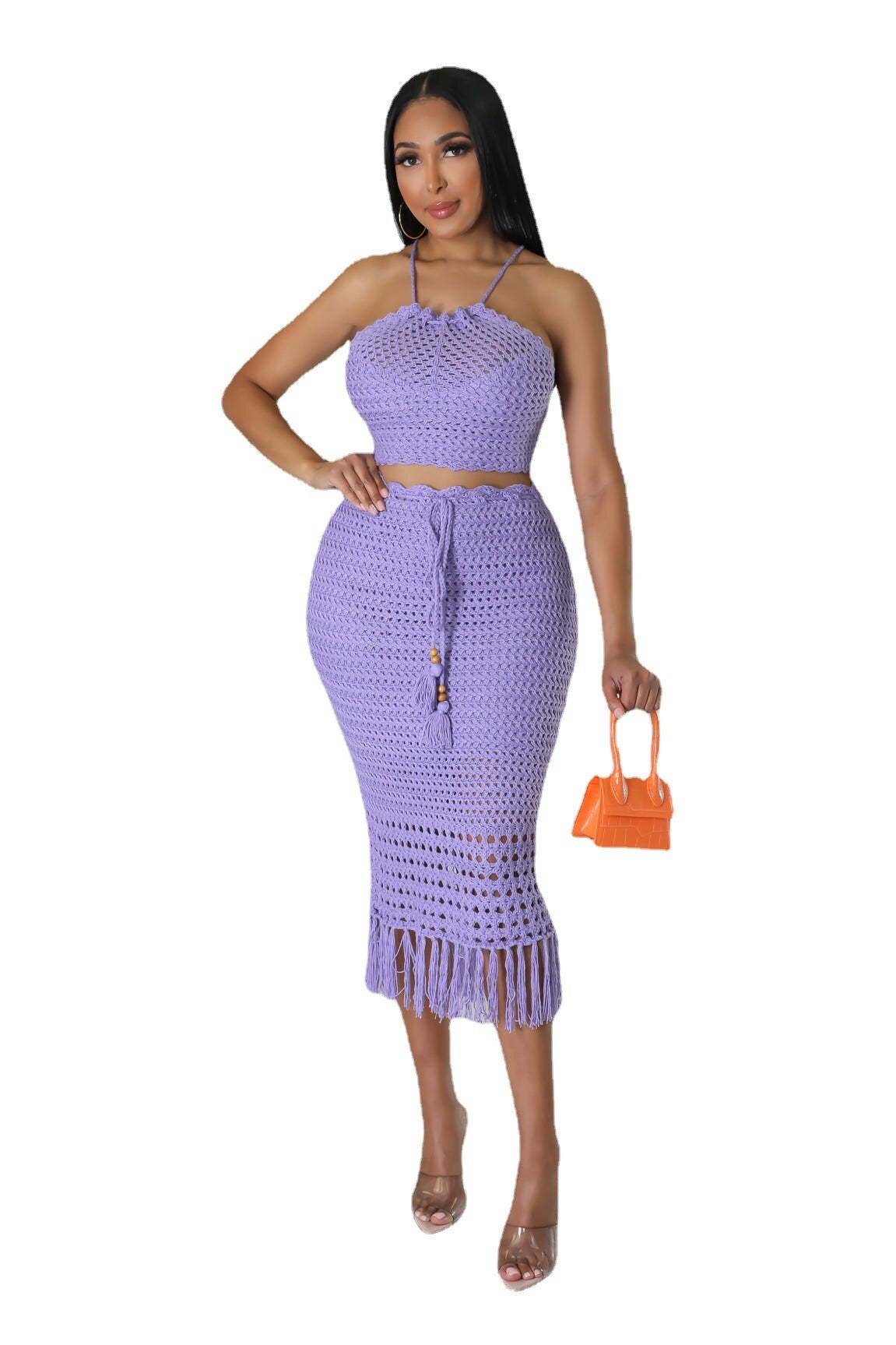 Crochet Halter Top + Tassel Knitted Skirt 2-Piece Set