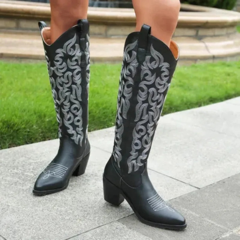 Vintage Embroidered Chunky Heel Western Women's Knee High Cowgirl Rodeo Boots