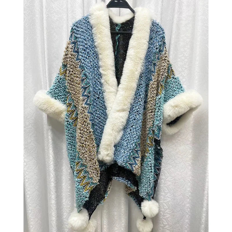 Hooded Fringe Tassel PomPom Decor Geometric Striped Colorblock Cape Cloak Shawl Wrap Scarf Sweater