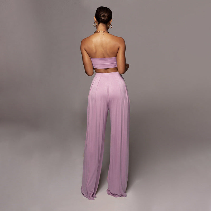Sleeveless Bowknot Design Tube Top+ Wide Leg Pants Women's Solid Color 2-Piece Set